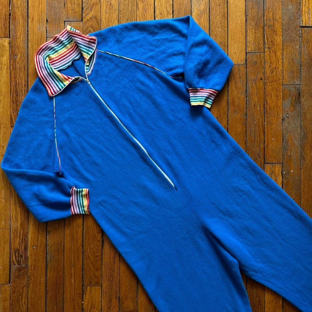 Vintage 60s/70s Talon Zipper Men Blue PRIDE Rainbow Stripe Full Pajama Onesie